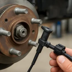 Technician holding an ABS wheel speed sensor near a Toyota Camry wheel hub showing connector and mounting area