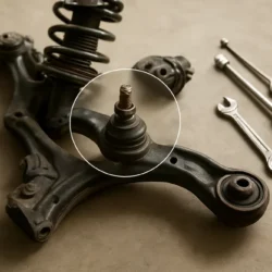 Front suspension of a Toyota Camry with the ball joint area highlighted and tools nearby