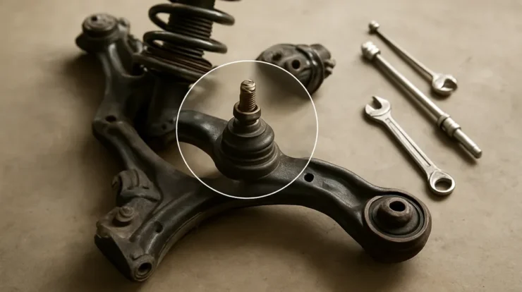 Front suspension of a Toyota Camry with the ball joint area highlighted and tools nearby