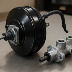 Brake booster assembly and master cylinder on a workshop bench with vacuum port and mounting bracket visible.