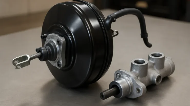 Brake booster assembly and master cylinder on a workshop bench with vacuum port and mounting bracket visible.