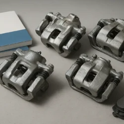 Brake calipers and related hardware on a workshop bench, showing mounting points, pistons, and dust boots.