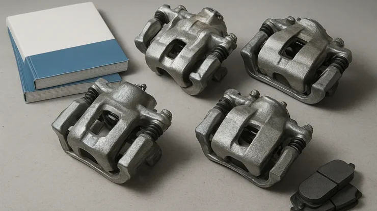 Brake calipers and related hardware on a workshop bench, showing mounting points, pistons, and dust boots.