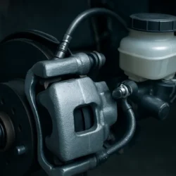 Close-up of a Toyota Camry brake caliper, brake line, and master cylinder reservoir in a clean garage setting