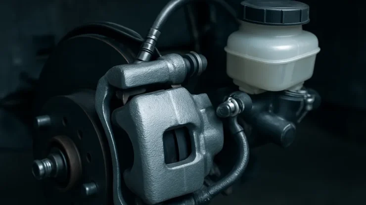 Close-up of a Toyota Camry brake caliper, brake line, and master cylinder reservoir in a clean garage setting
