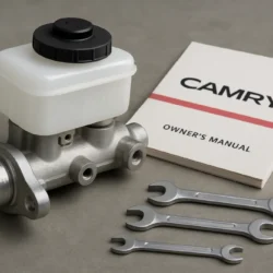 Brake master cylinder with reservoir and ports on a workshop surface, with tools nearby