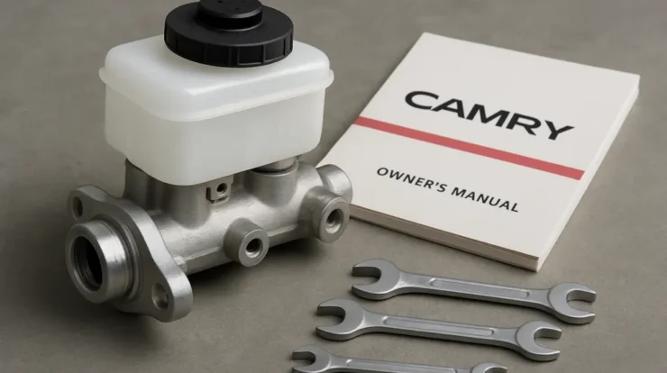 Brake master cylinder with reservoir and ports on a workshop surface, with tools nearby