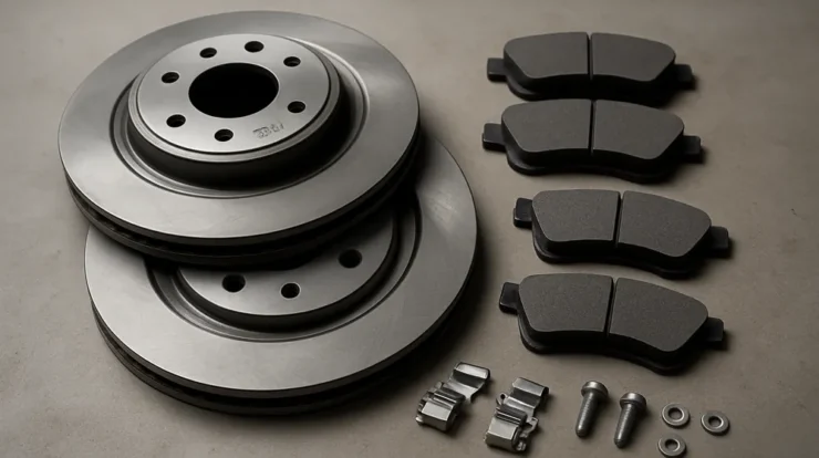 Brake rotors, brake pads, and hardware laid out on a workshop bench, showing components for a Toyota Camry brake kit.