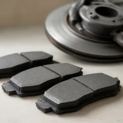 Brake pads and a Toyota Camry brake rotor displayed on a workshop bench, showing pad surface and backing plate details.