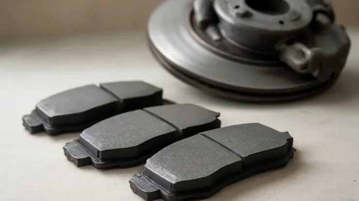 Brake pads and a Toyota Camry brake rotor displayed on a workshop bench, showing pad surface and backing plate details.