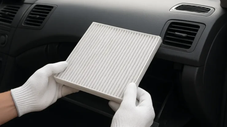Hands installing a pleated cabin air filter into an open glove box compartment of a mid-size sedan