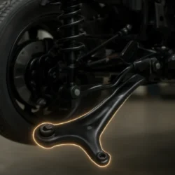 Toyota Camry front suspension with control arm highlighted for editorial guide