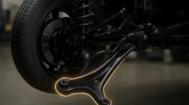 Toyota Camry front suspension with control arm highlighted for editorial guide