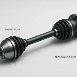 Replacement CV axle showing shaft, CV joints with boots, and splined ends on a light gray background