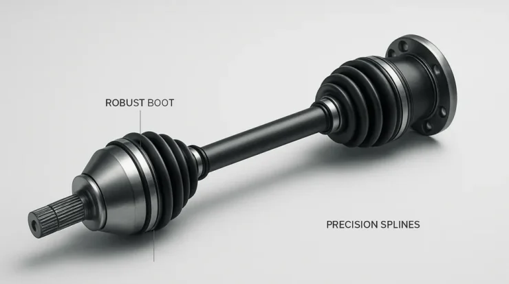 Replacement CV axle showing shaft, CV joints with boots, and splined ends on a light gray background