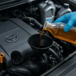 Mechanic holding a clear bottle of motor oil over a Toyota Camry engine bay during an oil change