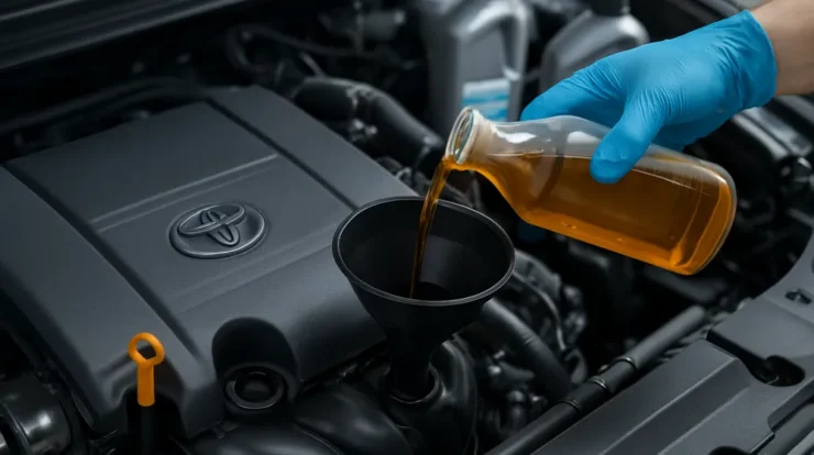 Mechanic holding a clear bottle of motor oil over a Toyota Camry engine bay during an oil change
