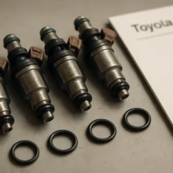Set of fuel injectors with O-rings on a workbench next to a Toyota Camry service manual page.