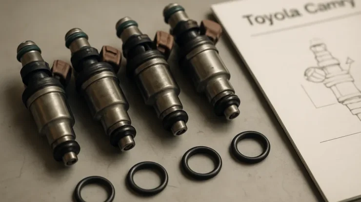 Set of fuel injectors with O-rings on a workbench next to a Toyota Camry service manual page.