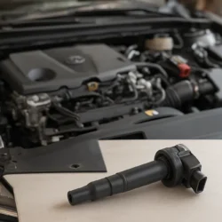 Toyota Camry engine bay with an ignition coil placed on a workbench in front