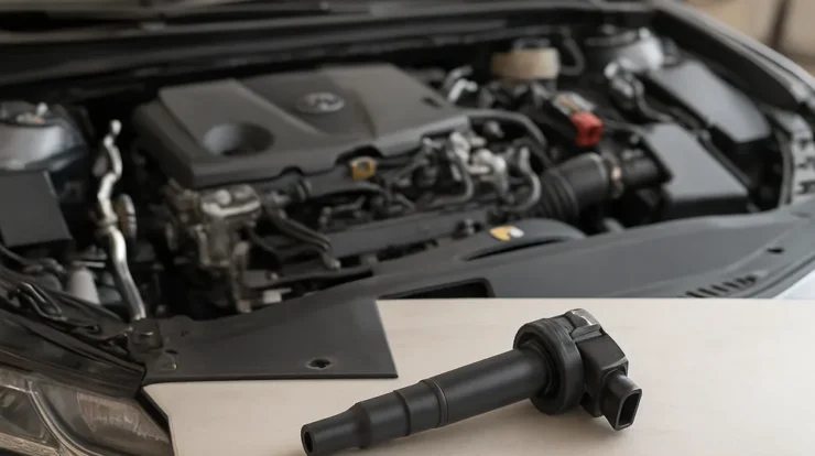 Toyota Camry engine bay with an ignition coil placed on a workbench in front