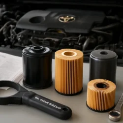 Assorted oil filters and tools on a workbench with a Toyota Camry engine bay in the background.