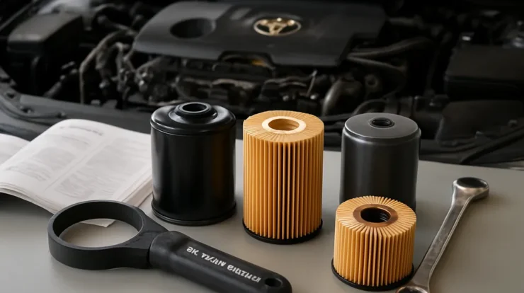 Assorted oil filters and tools on a workbench with a Toyota Camry engine bay in the background.