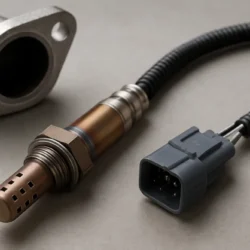 Close-up of an oxygen sensor with wiring harness next to an exhaust flange, showing connector and sensor tip.