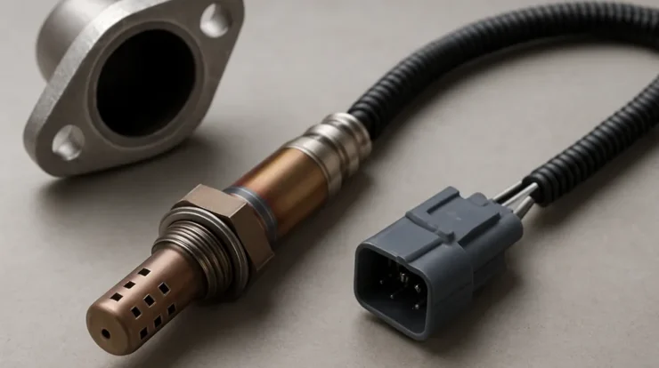 Close-up of an oxygen sensor with wiring harness next to an exhaust flange, showing connector and sensor tip.