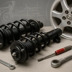 Quick struts laid out on a workbench next to a Camry wheel hub and tools, showing springs, mounts, and strut bodies.