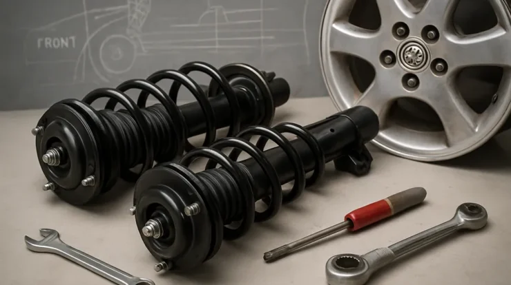 Quick struts laid out on a workbench next to a Camry wheel hub and tools, showing springs, mounts, and strut bodies.