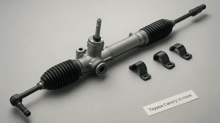 Rack and pinion steering assembly and components arranged on a workbench with a small label indicating Toyota Camry fitment.