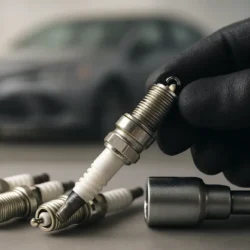 Close-up of spark plugs with a faint Toyota Camry silhouette in the background and a gloved hand holding a plug near a wrench.