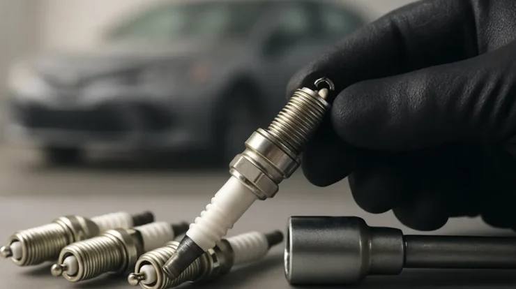 Close-up of spark plugs with a faint Toyota Camry silhouette in the background and a gloved hand holding a plug near a wrench.