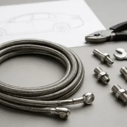 Stainless steel braided brake line coil with metal fittings on a workbench and a faint Toyota Camry outline in the background.