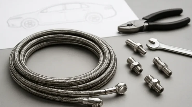 Stainless steel braided brake line coil with metal fittings on a workbench and a faint Toyota Camry outline in the background.