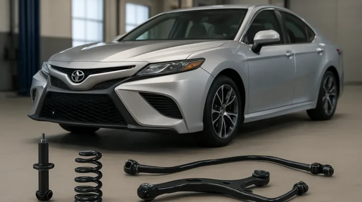 Toyota Camry with suspension components laid out on a workshop floor, including a shock, coil spring, control arm, and sway bar.