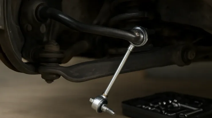 Toyota Camry front suspension with a newly installed sway bar link and visible mounting hardware