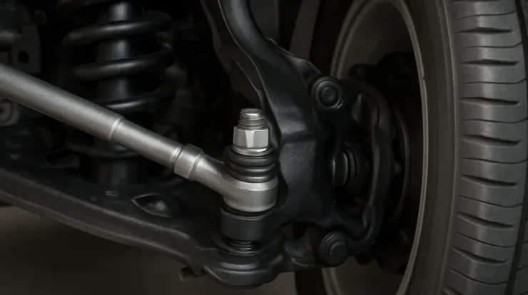 Front suspension and steering area of a Toyota Camry with a highlighted tie rod end being installed.