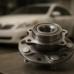 Close-up of a wheel hub assembly on a workshop bench with a blurred Toyota Camry outline in the background.