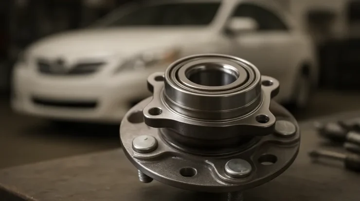 Close-up of a wheel hub assembly on a workshop bench with a blurred Toyota Camry outline in the background.